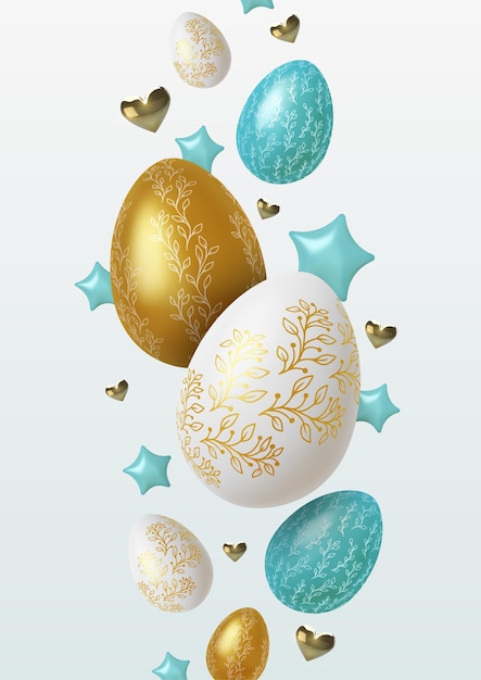 Ilustración de Pascua con huevos de Pascua dorados, azules y blancos realistas.