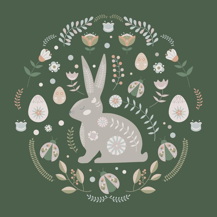 Vector ilustración de pascua popular con huevos de motivos florales y conejito de pascua