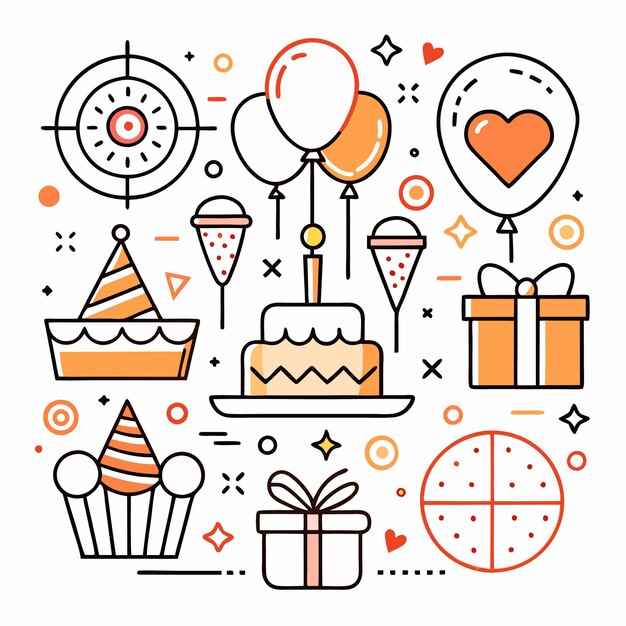Ilustración de un pastel de cumpleaños, globos, regalos y sombreros de fiesta