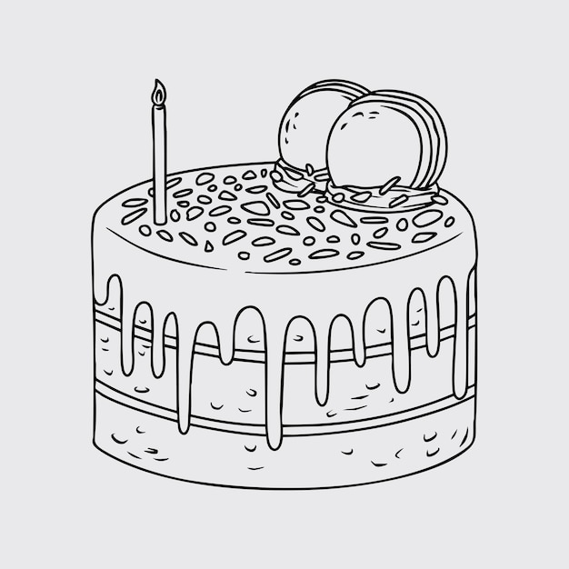 Ilustración de pastel de cumpleaños con macarrones y una vela de línea delgada