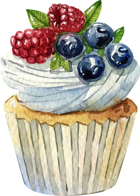 Ilustración de pastel dibujado a mano acuarela. Crema, chocolate y bayas. Postre dulce.