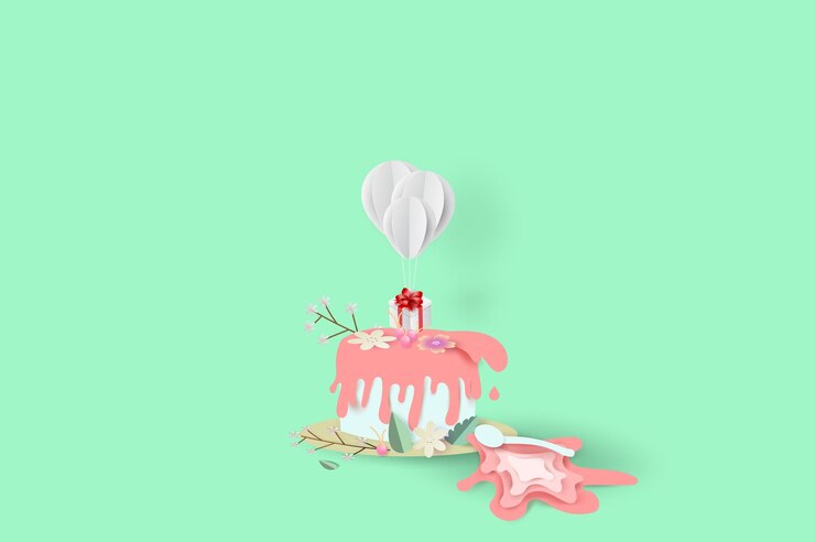 Vector ilustración de pastel y flores de ramo, concepto de diseño de hoja en disco. regalo de globo blanco flotando sobre fondo de tono verde pastel. arte de papel de diseño creativo y estilo de corte para fiesta de cumpleaños.