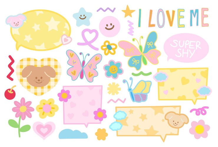 Ilustración en pastel de mariposa cachorro flores de cerezo corazón estrella SUPER SHY letras ícono de burbuja de texto