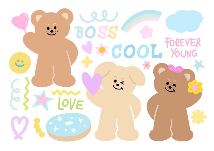 Ilustración pastel de oso de peluche arco iris nube flor corazón rosquilla para personaje de dibujos animados zoológico