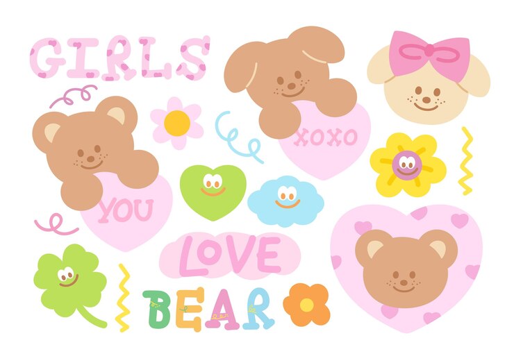 Ilustración pastel de oso de peluche cachorro hoja de trébol nube flores corazón para veterinario de impresión de animales
