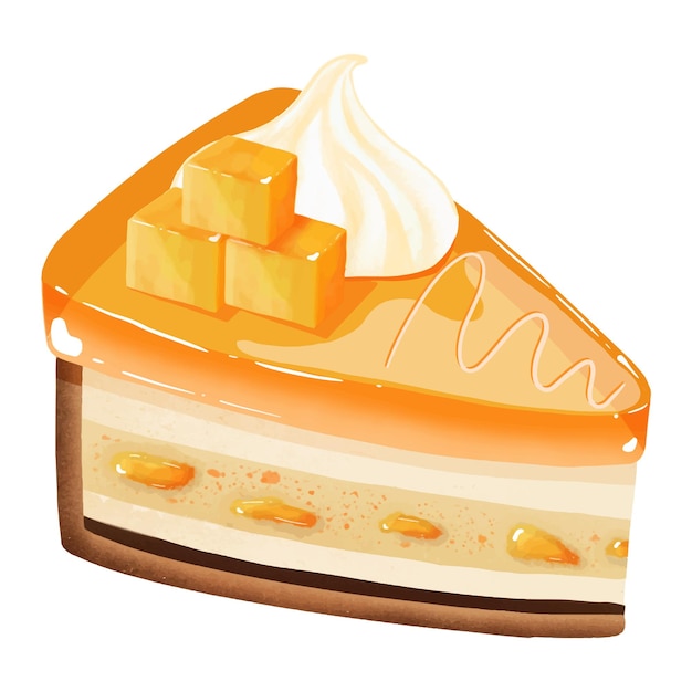 Ilustración de un pastel de rebanadas de mango con una mermelada de mango y un cubo de mango en la parte superior