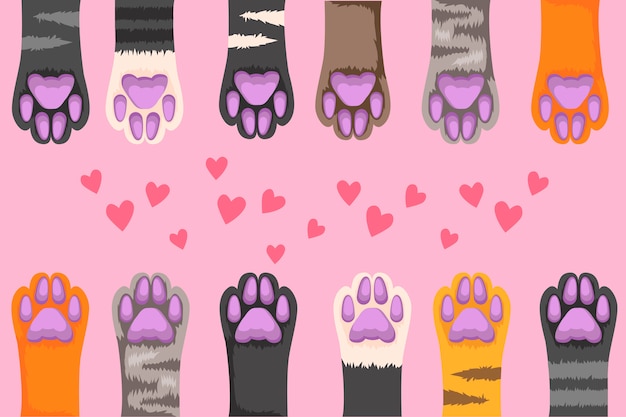 Vector ilustración de patas de gato multicolores sobre un fondo rosa.