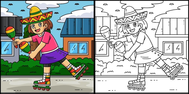 Ilustración de patinadora femenina en línea jugando a las maracas
