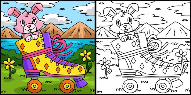 Ilustración de patinaje con ruedas con un conejo saliendo
