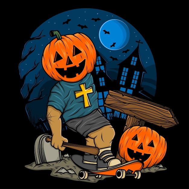 Ilustración de patineta de calabaza de halloween