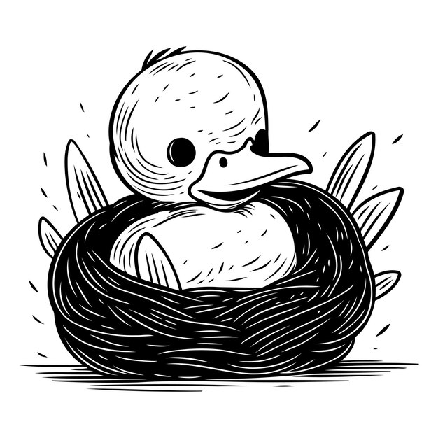 Ilustración de un pato en un nido sobre un fondo blanco