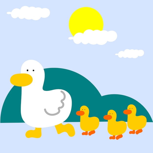 ilustración de patos caminando con tres patitos
