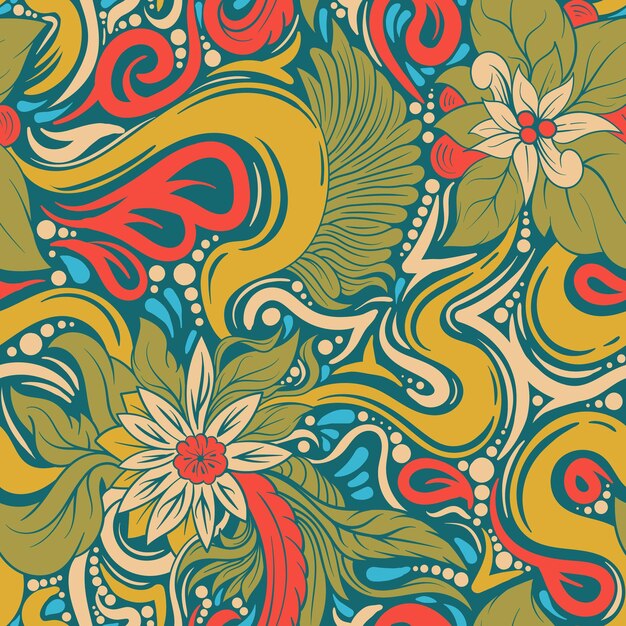 Vector ilustración de un patrón de batik cultural de motivos de flores y hojas con líneas gruesas sin costuras