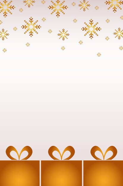 Ilustración de patrón de copos de nieve y regalos dorados feliz navidad