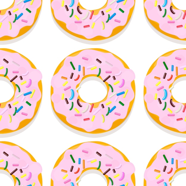 Ilustración de patrón sin costura vectorial de donuts en glaseado rosa sobre un fondo blanco