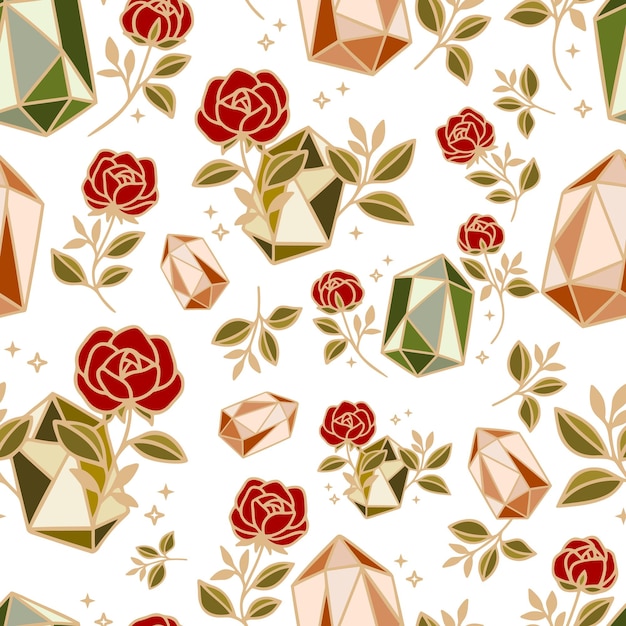 Ilustración de patrón sin costuras de cristal y rosas florales