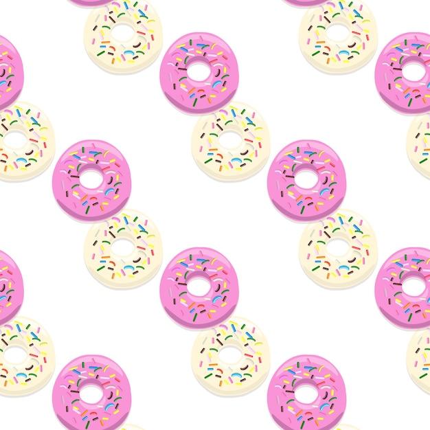 Ilustración de patrón sin costuras de donuts rosa y glaseado claro sobre un fondo blanco