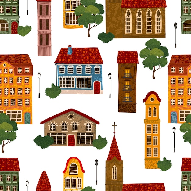 Ilustración del patrón sin costuras de los edificios de la ciudad