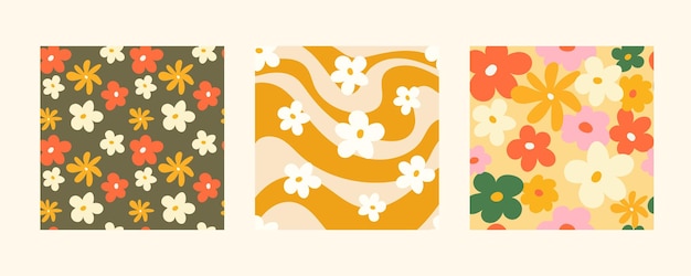 Ilustración de patrón sin costuras floral de moda Diseño de fondo de flores hippie de estilo vintage de los años 70