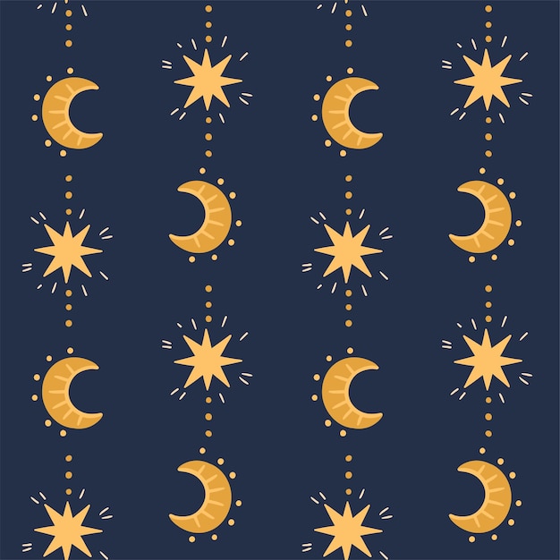 Ilustración de un patrón sin costuras de la luna y las estrellas Temas astrológicos místicos astronómicos