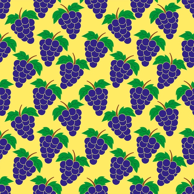 Ilustración de un patrón sin costuras con racimos de uvas púrpuras y hojas verdes