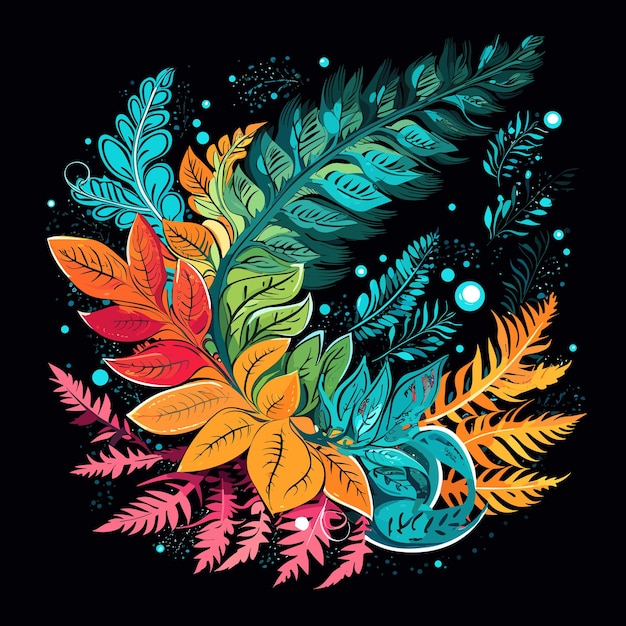 Vector ilustración de patrón floral abstracto de explosión floral hojas de helecho y flores sobre fondo oscuro en estilo pop art vectorial plantilla para póster, camiseta, pegatina, etc.