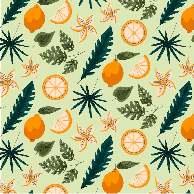 Ilustración de patrón floral y fruta de diseño plano
