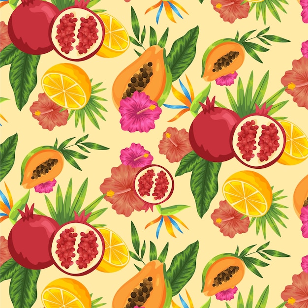 Ilustración de patrón floral y frutas dibujadas a mano