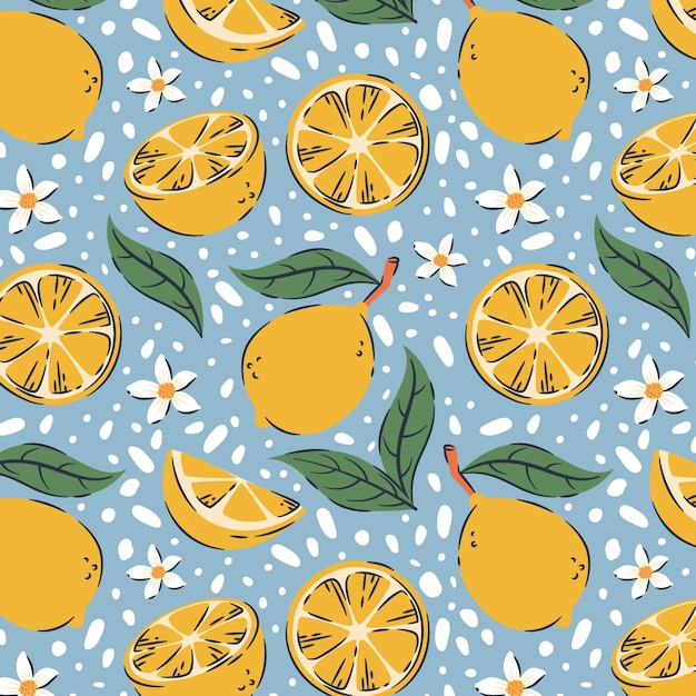 Ilustración de patrón floral y frutas dibujadas a mano