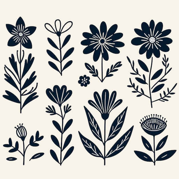 Vector ilustración del patrón floral retro del conjunto vectorial de siluetas de flores