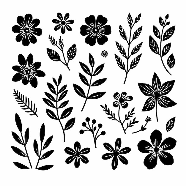 Vector ilustración del patrón floral retro del conjunto vectorial de siluetas de flores