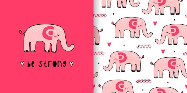 Vector ilustración y patrón infantil sin costuras con lindo elefante en estilo blanco y negro