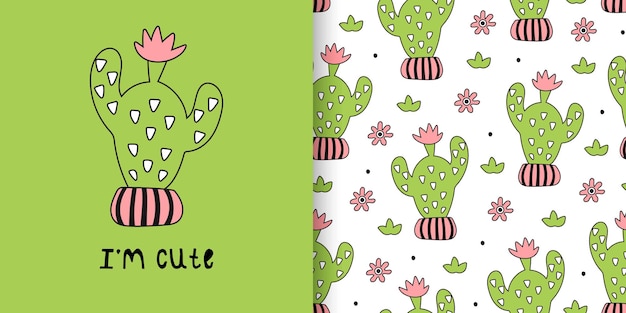 Vector ilustración y patrón infantil sin costuras con lindos cactus en estilo blanco y negro