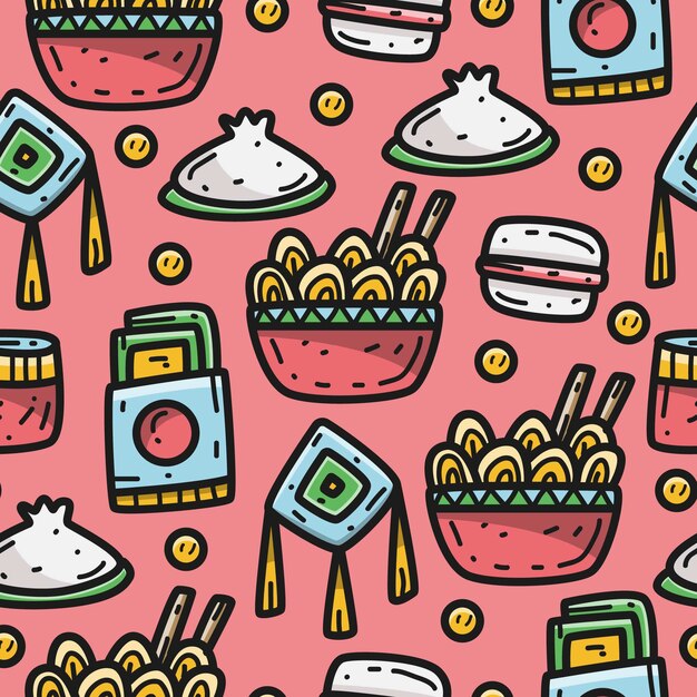 Ilustración de patrón de kawaii de dibujos animados de comida japonesa doodle