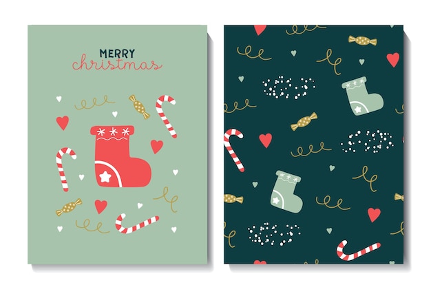 Ilustración y patrón transparente con estrellas de calcetines de Navidad y copos de nieve