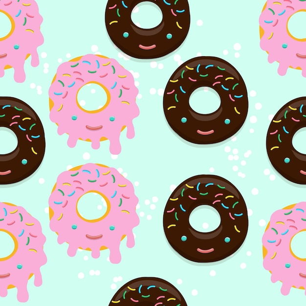 Ilustración de patrón transparente de vector de donuts en chocolate y glaseado rosa en estilo kawaii en un verde claro