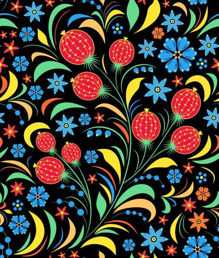 Vector ilustración de patrones sin fisuras con adornos florales tradicionales rusos.