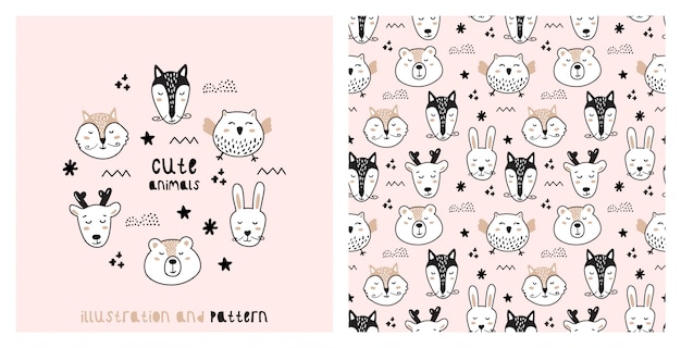 Ilustración y patrones sin fisuras con animales lindos en estilo escandinavo.