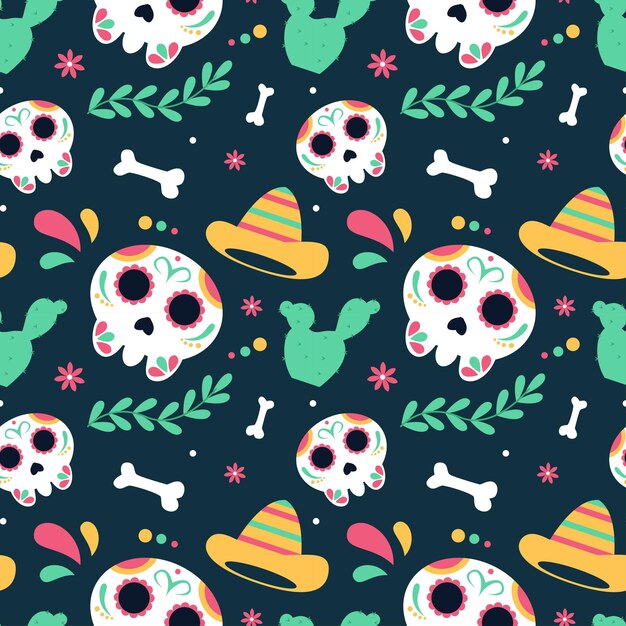 Ilustración de patrones sin fisuras del Día de Muertos con el Día de los Muertos y el elemento esqueleto