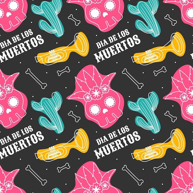 Ilustración de patrones sin fisuras del día de muertos con el día de los muertos y el elemento esqueleto