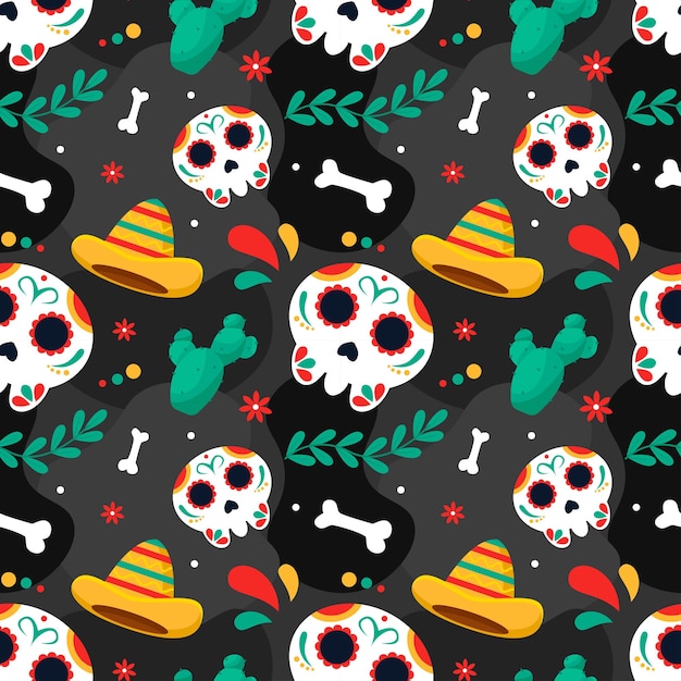 Ilustración de patrones sin fisuras del día de muertos con elemento del día de muertos en diseño mexicano