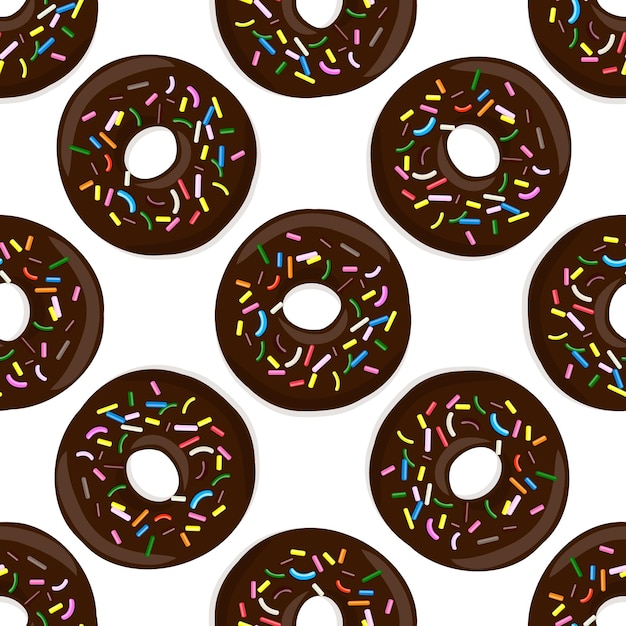 Ilustración de patrones sin fisuras de donuts en glaseado de chocolate sobre un fondo blanco