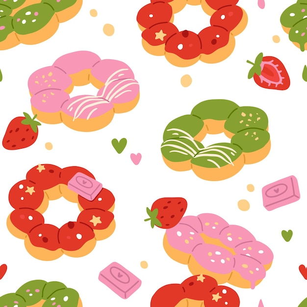 Ilustración de patrones sin fisuras de donuts de mochi de comida asiática de garabato lindo