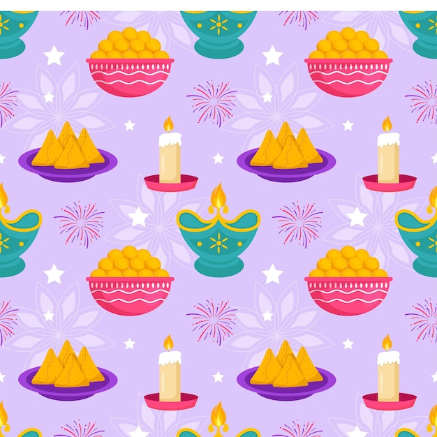 Vector ilustración de patrones sin fisuras de happy diwali con diseño de adornos del festival de la luz de la india