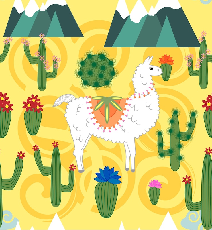 Vector ilustración de patrones sin fisuras con linda alpaca de llama de dibujos animados con cactus y elementos de diseño sobre fondo rosa en estilo de dibujos animados planos