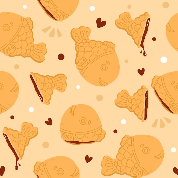 Ilustración de patrones sin fisuras de lindo doodle comida asiática taiyaki