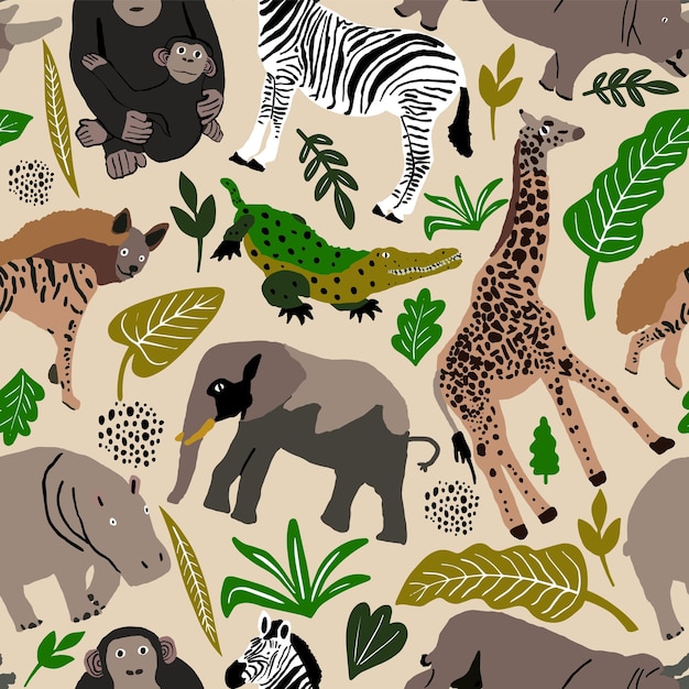 Ilustración de patrones sin fisuras de lindos animales africanos de safari salvaje, incluyendo jirafa elefante hiena c