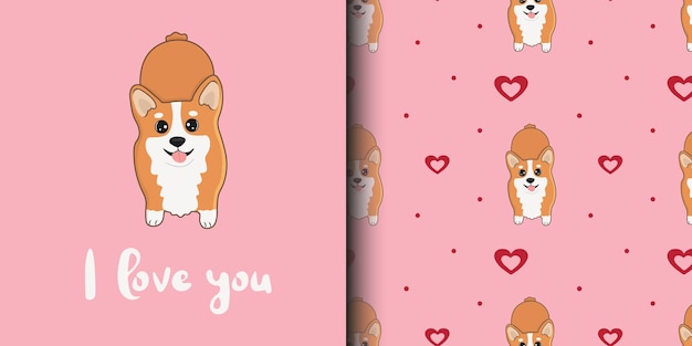 Ilustración y patrones sin fisuras para niños con lindo corgi y corazones Gracioso perrito