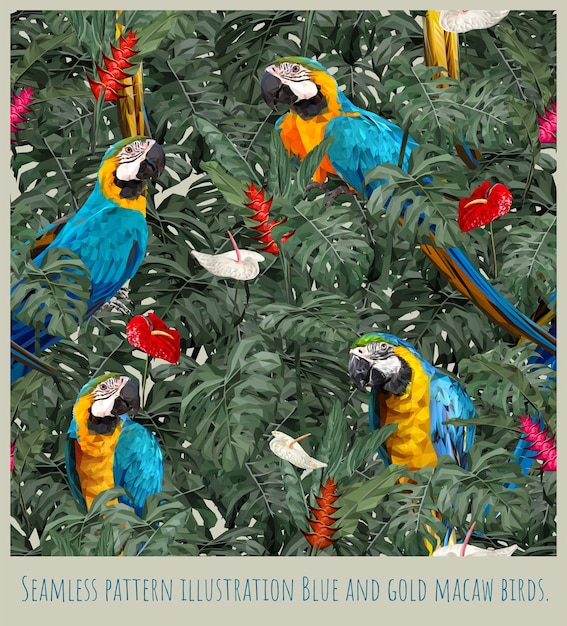 Ilustración de patrones sin fisuras selva tropical amazónica pájaros y hojas de guacamayos azules y dorados.