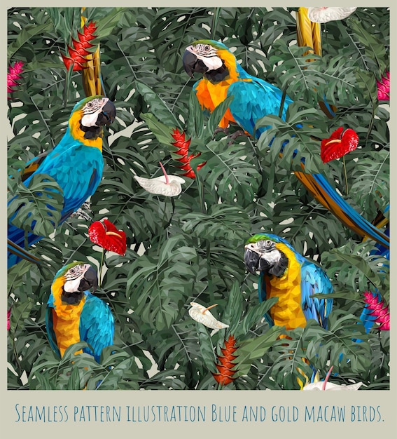 Ilustración de patrones sin fisuras Selva tropical Amazónica Pájaros y hojas de guacamayos azules y dorados.